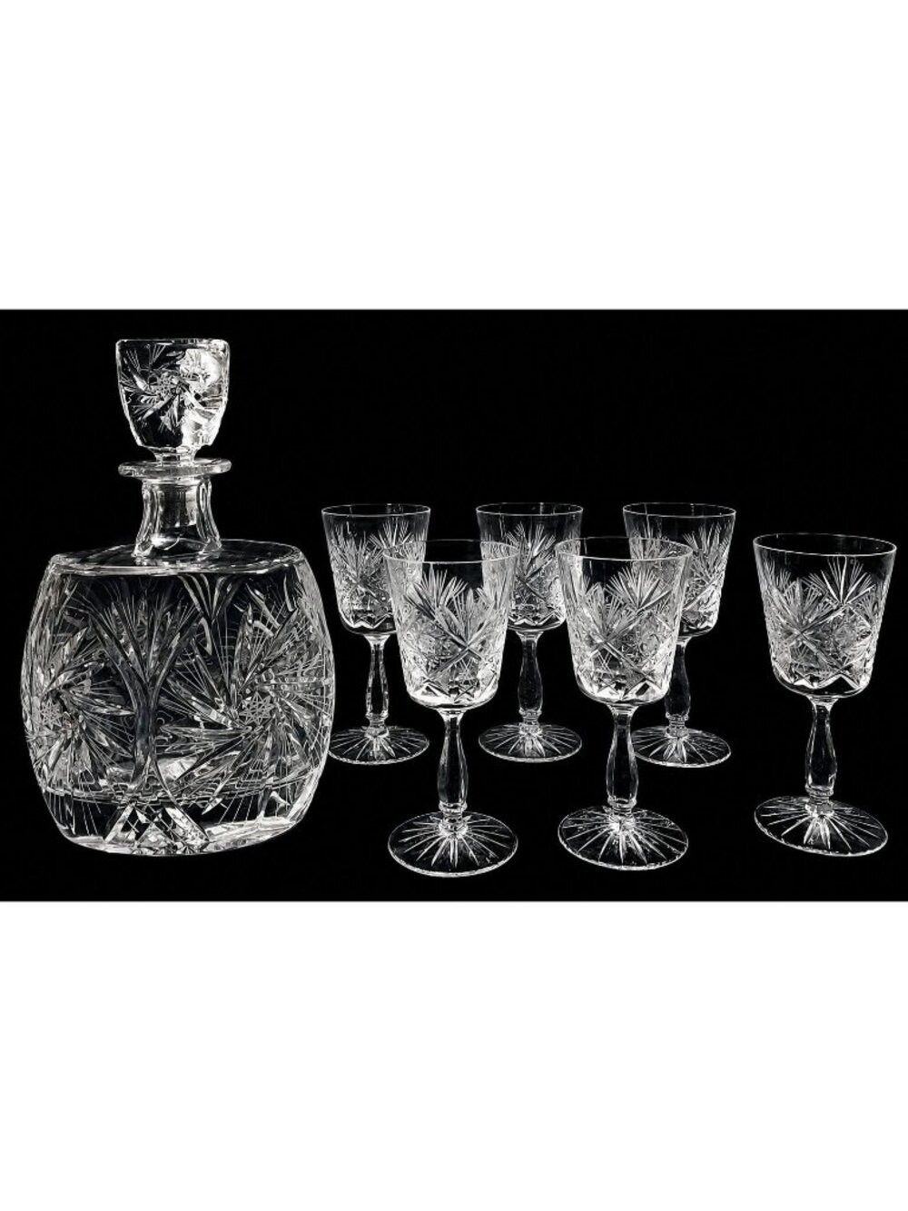 Vintage Bohemian 24% Lead Crystal Decanter & 6 Cordial Wine Glasses Hand Cut